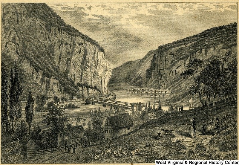 This 1858 engraving shows the geography of Harpers Ferry. The mountains, rivers, and railways were heavily contested between Union and Confederate forces. Courtesy of WVU Libraries, West Virginia and Regional History Center.