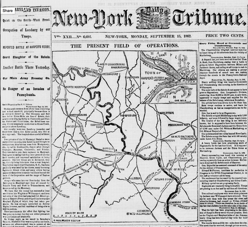 September 15, 1862 article clipping from the New York Tribune highlighting Lee's Maryland Campaigns and "a reported battle at Harpers Ferry." Courtesy of the Library of Congress.
