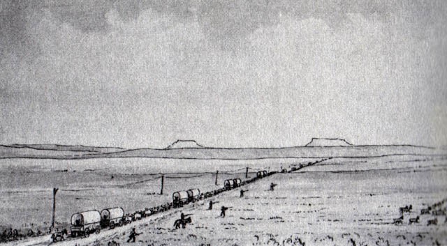 Photographer William Henry Jackson drew this sketch of the South Pass.  From the sketch, you can see the line of wagons traveling through the pass along with the Oregon Buttes in the far distance.   