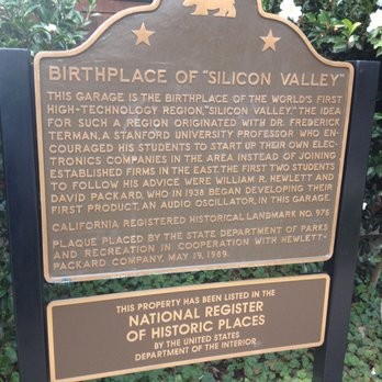 The plaque outside the garage, commemorating it as the "Birthplace of Silicon Valley"