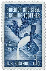 
The America and Steel Growing Together stamp celebrates the centennial for the patent of the Bessemer Process, the mass production of steel converted from molten pig iron. A converter now stands as a historical landmark in Station Square.  
