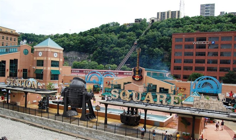 A daytime shot of Station Square with the Hard Rock Café in the background and a blast furnace in the foreground.