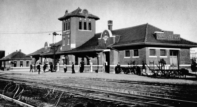 A black and white photo of Union Depot and its adjoining train tracks.