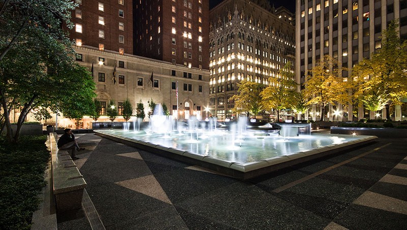 Mellon Square's famous fountain at night