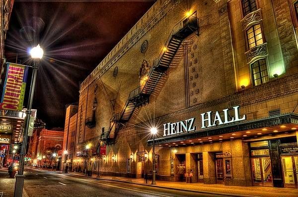 The exterior of Heinz Hall at night.