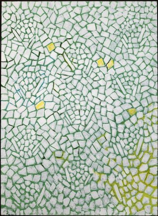 Alma Thomas, White Roses Sing and Sing, 1976. Painting featuring an all-over, mosaic-like pattern within a shifting arrangement of grassy green and yellow strokes.