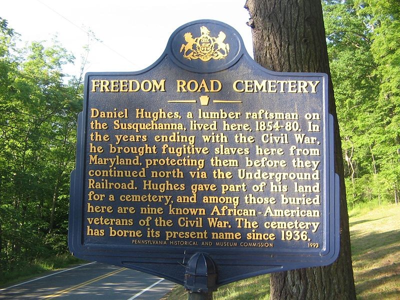 The historical marker for the Freedom Road Cemetery near Williamsport, Pennsylvania