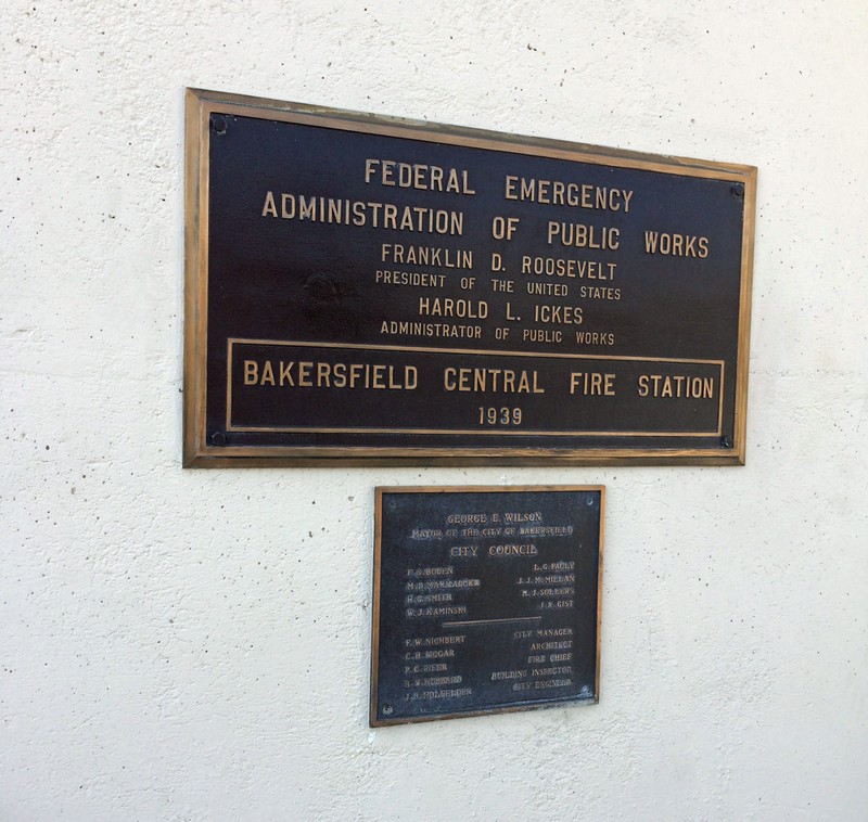 Dedication plaque, including New Deal influence.