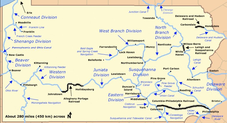 Map of the Pennsylvania Canal (and the Lewisburg crosscut) on which the building that now houses the Packwood House Museum served as tavern and inn.