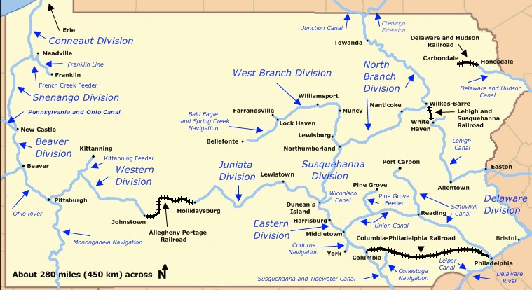 Map of the Pennsylvania Canal (and the Lewisburg crosscut) on which the building that now houses the Packwood House Museum served as tavern and inn. 