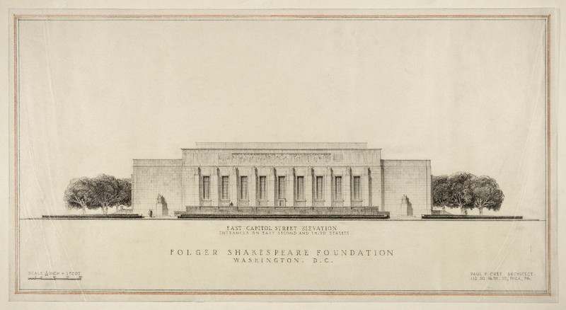 Original designs for the east facade of the Folger Shakespeare Library, early 1930s. Image by Paul Philippe Cret - http://luna.folger.edu/luna/servlet/s/xv06qy, CC BY-SA 4.0, https://commons.wikimedia.org/w/index.php?curid=41931127