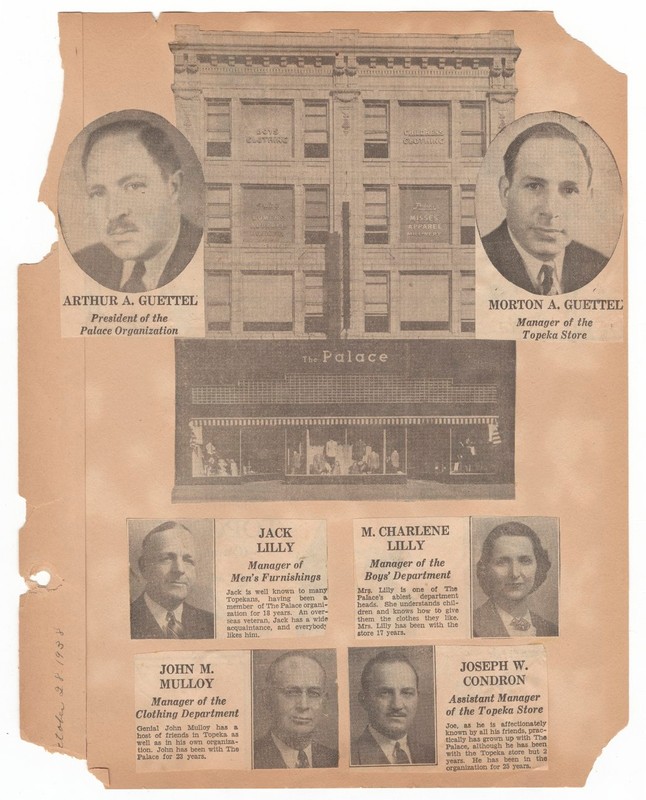 An October 28, 1938 newspaper article clipped from the Topeka State Journal and pasted into a scrapbook lists employees of the Palace