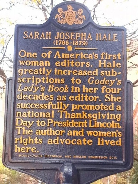 The Sarah Josepha Hale Marker is located approximately where her home was located in Philadelphia.