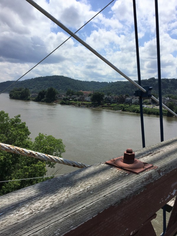 A view of Wheeling Island from the bridge, looking across the Ohio River.