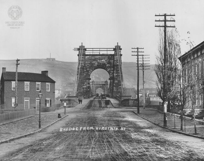 View of the Wheeling Suspension Bridge from Virginia Street.