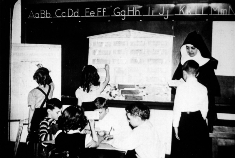 Sister Frances Teresa Belonger with her students at St. Patrick School, Fond du Lac, c. 1940.