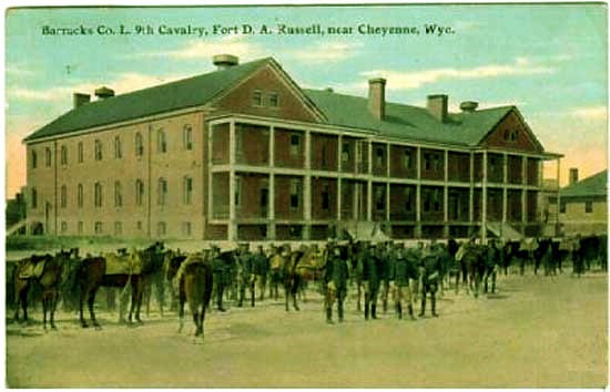 Postcard of men from the 9th Cavalry (An African American unit during the era of racial segregation) at Fort Russell