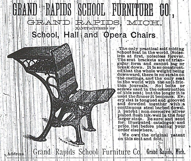 The Grand Rapids School Furniture Company, which would become the American Seating Company, revolutionized the industry with their foldable seats and desk/bench combos