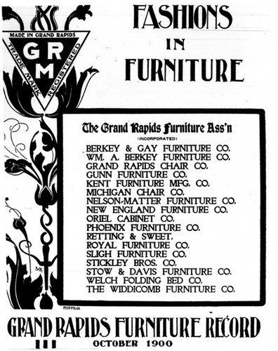 The Grand Rapids name was so well-known that local manufacturers trademarked to prevent furniture-makers from out of state trying to capitalize on it. Furniture marked with the red triangle and "GRM" to the left in this advertisement guaranteed that the p