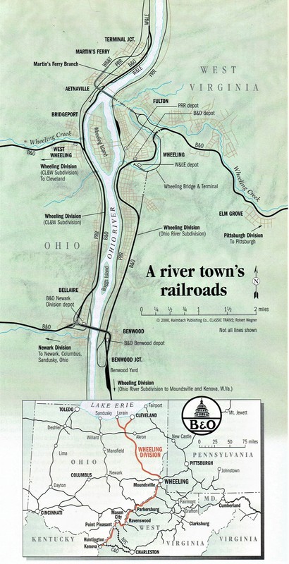 Map of the B&O lines and depots throughout Wheeling, W.V.  From Fall 2000 issue of Classic Trains magazine (see sources).

