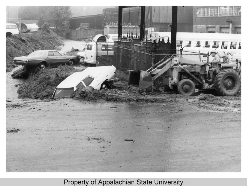 On May 28, 1973, the Kraut Creek on the southern end of campus flooded after 1.6 inches of rainfall and caused thousands of dollars of property damage
“Kraut Creek Flood, 1973, photo 3,” Appalachian State University Digital Collections, accessed D