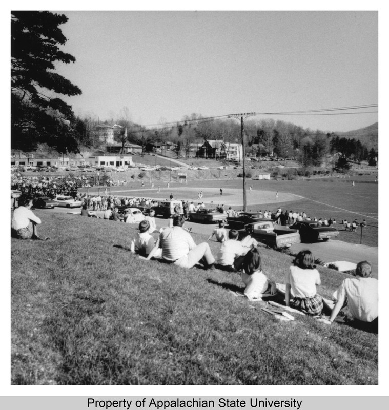 Students watch baseball in 1965 at Red Lackey Field, where Kraut Creek was piped underground and is now exposed in Durham Park.
“Baseball, circa 1965, photo 1,” Appalachian State University Digital Collections, accessed December 6, 2016, http://om