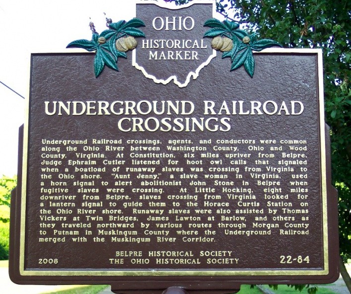 Historical marker commemorating role of Edna Sutton in Underground Railroad in Washington County, Ohio.