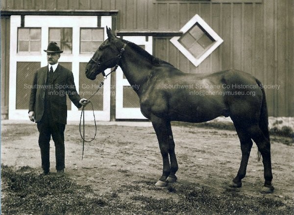 William J. Sutton in front of the barn with one of his horses.