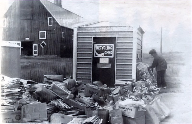 The 1977 view of Cheney's early recycling efforts.  Recycling days were the 3rd Saturday of the month and Eastern Washington University allowed the recyclers to locate their shed at the Red Barn parking lot.