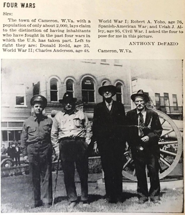 Uriah Alley (far right) stand next to veterans of Spanish-American War, WWI, and World War II