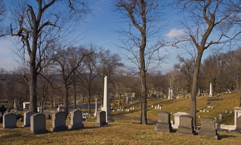 The stark landscape of the cemetery in winter.