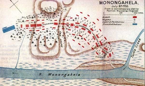 A contemporary map of the battle. Braddock's forces were poorly coordinated, and Braddock himself had limited experience campaigning in the Colonies.