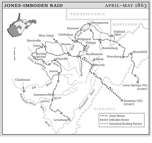 Map of the Jones-Imboden Raid's progress through what became West Virginia.