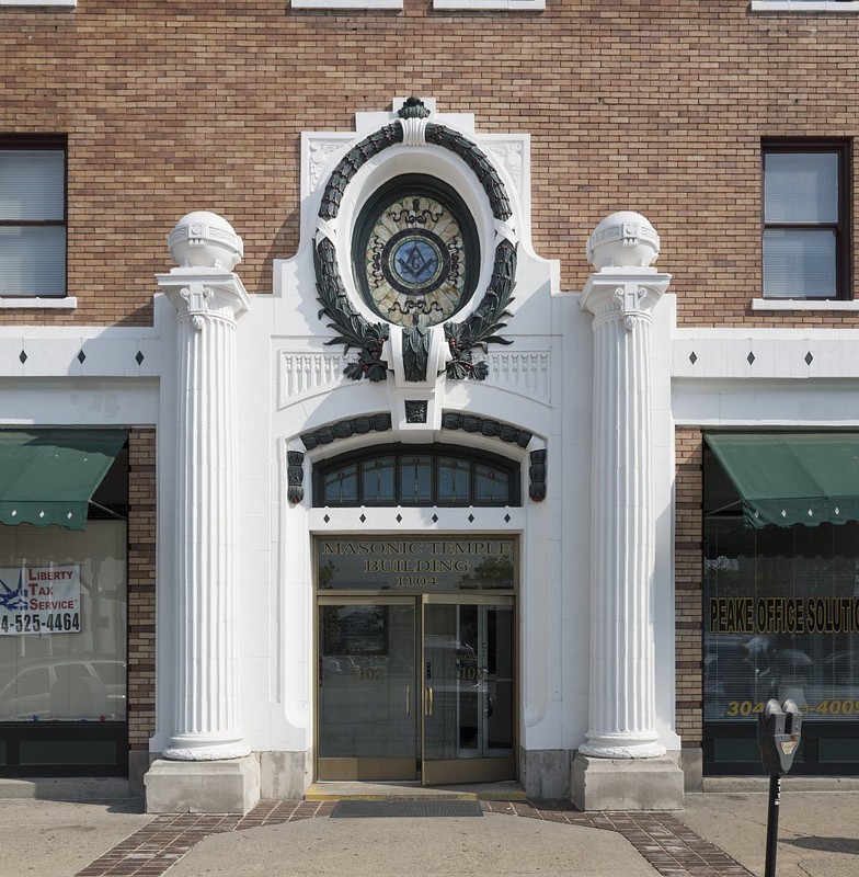 The front entrance of the building features some ornamentation to reflect its status as a Masonic Temple. Image courtesy of the Library of Congress. 