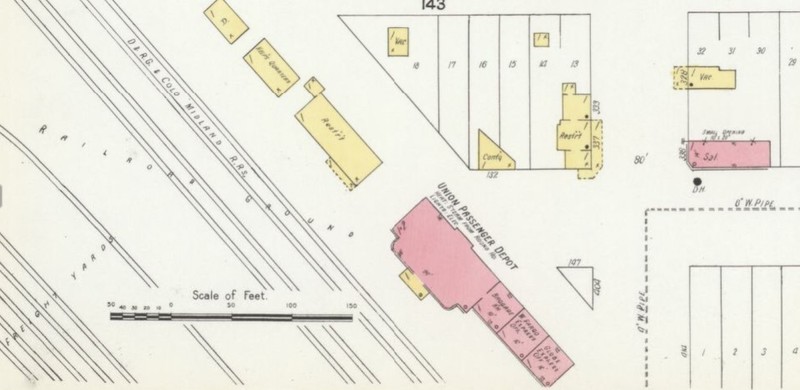 Railroad station on 1907 Sanborn map of Grand Junction, Mesa County, Colorado (Sanborn Map Company, p. 10)