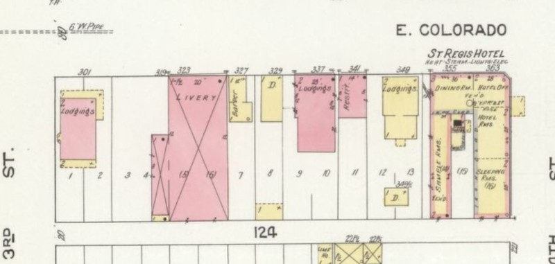 1912 Sanborn map of block with Melrose Hotel - Lodgings at 337 Colorado Ave. (Sanborn Map Company)