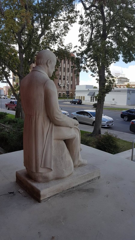 Side view of Colonel Thomas Baker statue