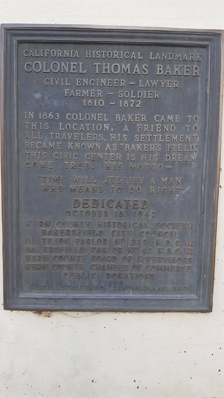 California State plaque on statue of Colonel Thomas Baker