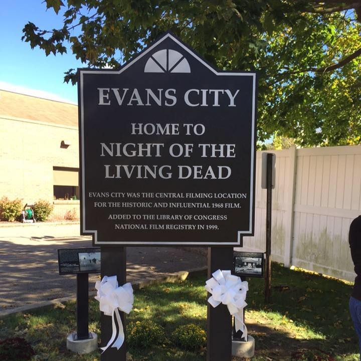 Marker commemorating the filming of Night of the Living Dead in Evans City in 1968.