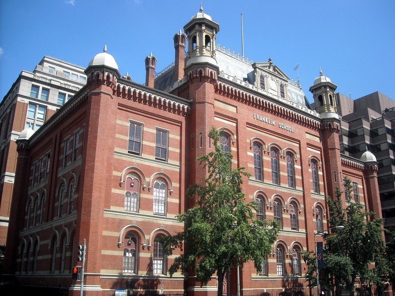 The Franklin School, one of two surviving red brick schools by Adolf Cluss. Image by AgnosticPreachersKid at English Wikipedia, CC BY-SA 3.0, https://commons.wikimedia.org/w/index.php?curid=13433486