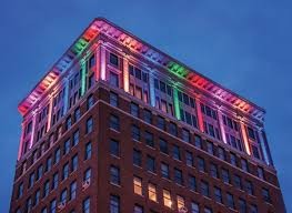 The newly installed exterior lighting system that changes colors for holidays and events.