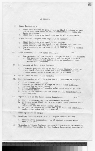 The list of demands created by the Negro Students' Greivance Committee in March of 1969.