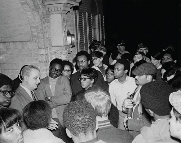 President Leo Jenkins meeting with students that protested for racial equality outside of his home.