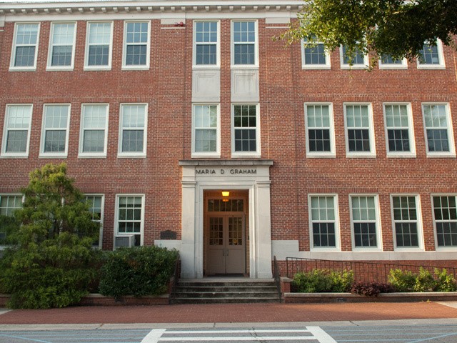 The Graham Building was built along Wright Circle in 1929 and currently serves as the head of the Department of Geology. The building was dedicated in honor of Maria Daniel Graham, one of three teachers on staff when ECU was established. 