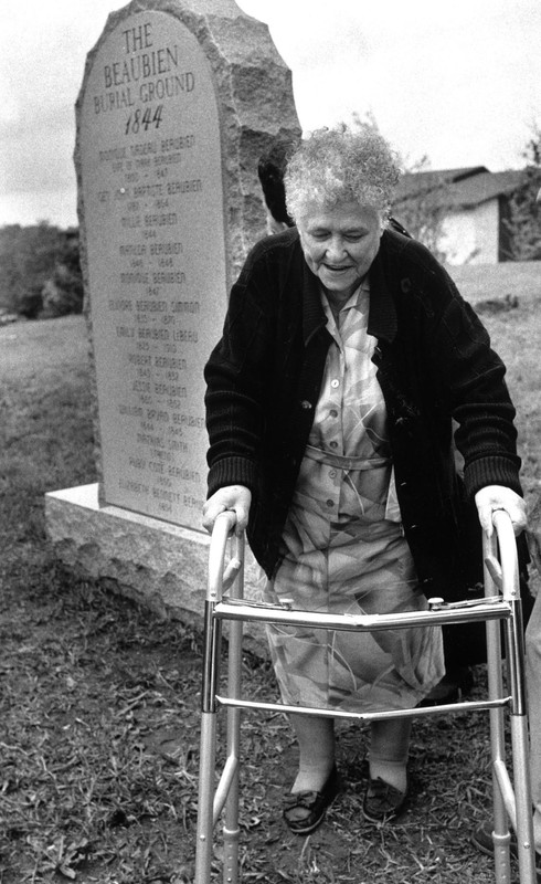 "Marjorie Sanborn, 77, great granddaughter of Marc Beaubien, walks away after ceremonies unveiling the new memorial to her ancestors in Lisle. - Nancy Stone / Chicago Tribune." (Photo gallery: A history of Lisle. Chicago Tribune, accessed 4/1/2020.)