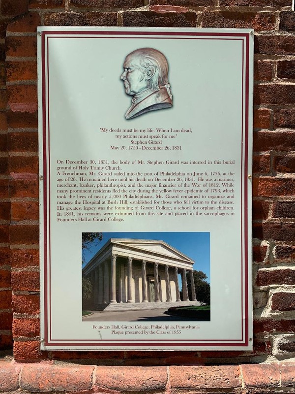 Stephen Girard plaque at Holy Trinity churchyard, photo taken 2020