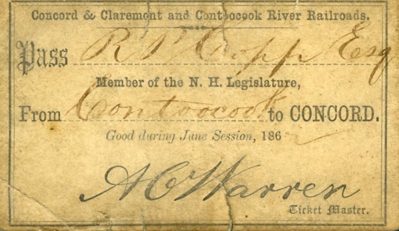 Members of the N.H. Legislature received free passes to ride the railroad.  William Eaton Chandler, in his 1891 book commonly known as “Book of Bargains,” claimed that railroads “corruptly govern New Hampshire” through the use of  railroad passes and railroad money.  