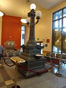 The memorial fountain is on display in the Amtrak station.