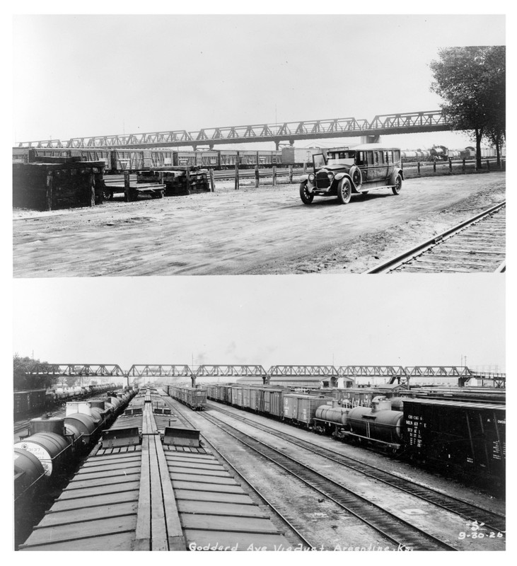 The viaduct was constructed in 1923 and replaced a prior structure. The viaduct allowed Goddard Avenue to continue over the rail yards in the Argentine neighborhood.