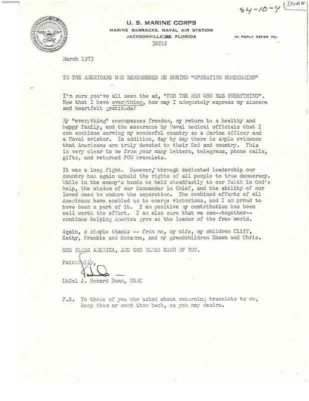 Letter from  ltCol. J.Howard Dunn